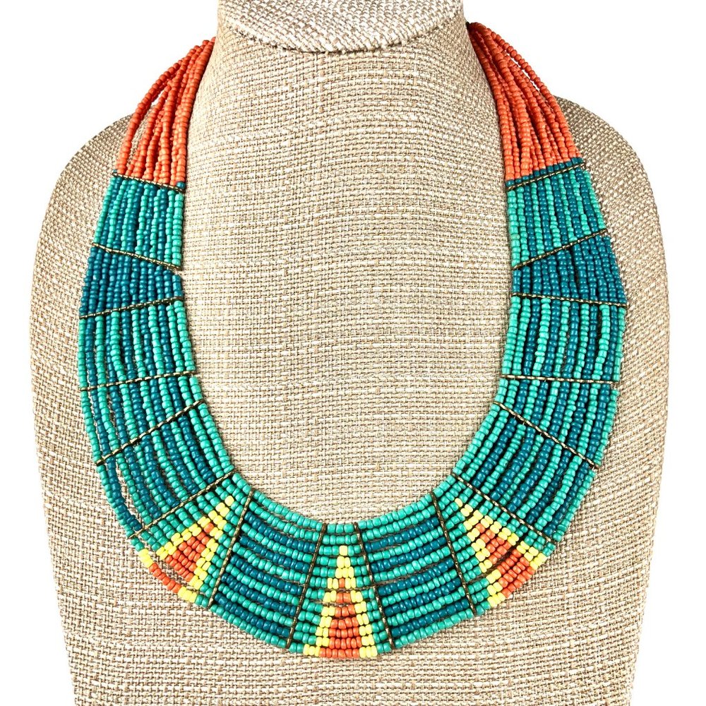 Tribal Seed Bead Collar Necklace w/ Brass Adjustable Lobster Claw Clasp